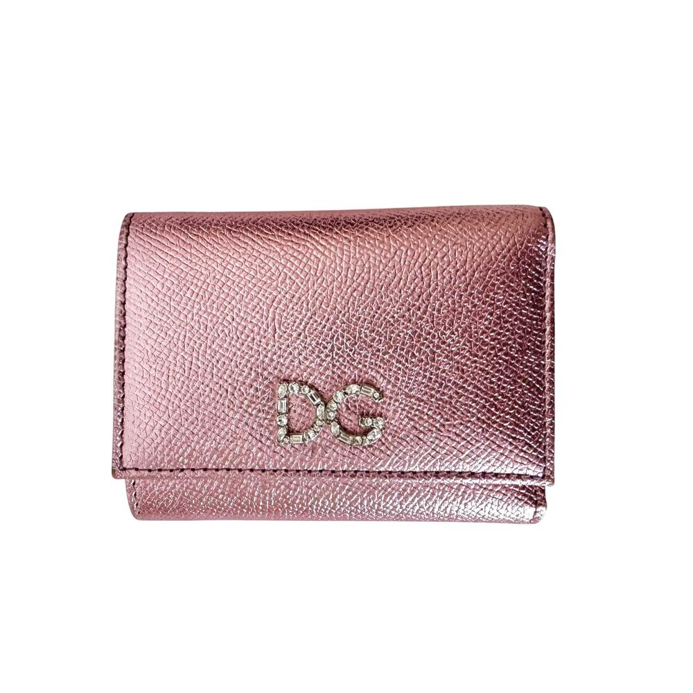Dolce and Gabbana Trifold Metallic Dauphine Leather Small Wallet w/ Crystal Logo